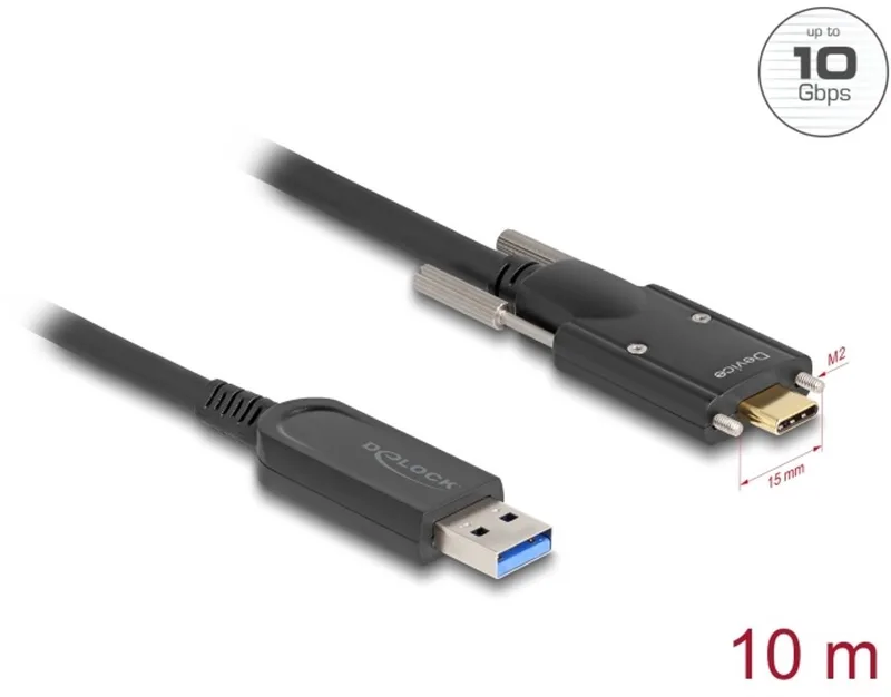 Active Optical Cable USB 10 Gbps Type-A male to USB Type-C™ male with screws on the sides 10 m by Delock in Black – product photo