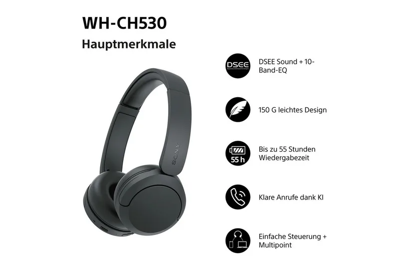 WH-CH530 Over-Ear-Kopfhörer (Freisprechfunktion, Multi-Point-Verbindung, integrierte Steuerung für Anrufe und Musik, Bluetooth) de Sony en Noir – photo produit 5 sur 5