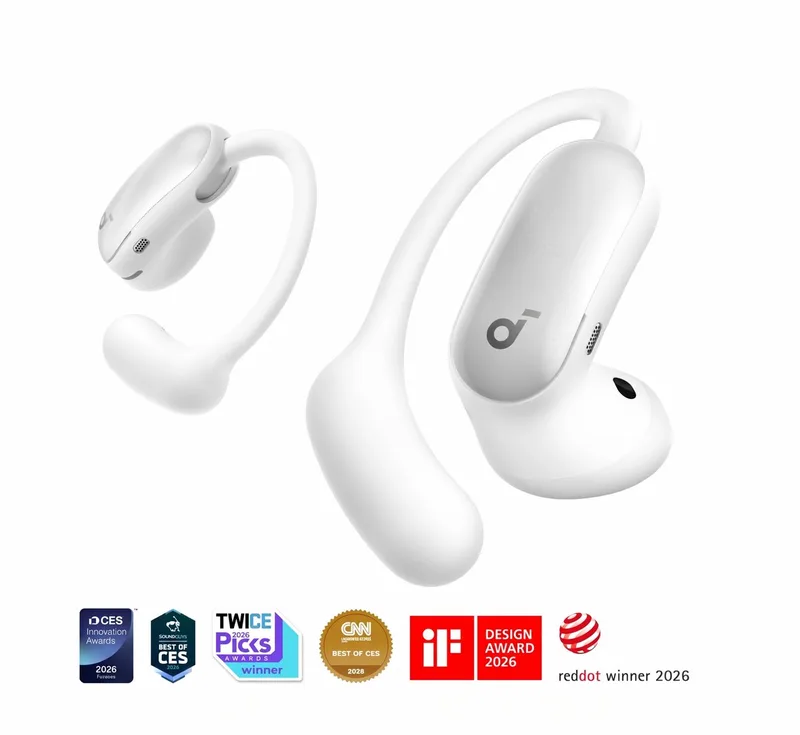 AeroFit 2 Pro by Anker - Eerste hoofdtelefoon met 2 draagmodi - 2-in-1 open ear hoofdtelefoon & semi-open - Ear ruisonderdrukking - Bluetooth 6.1 - Hi-Res - LDAC - Spatial audio by Soundcore in White – product photo