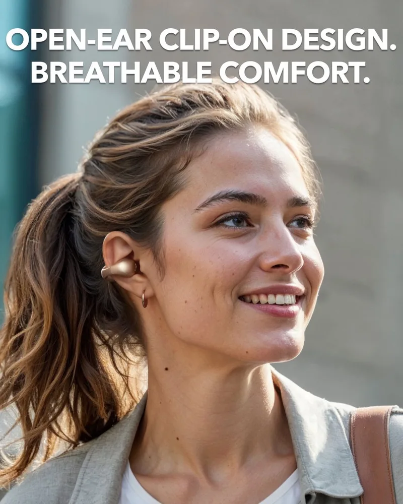 C40i by Anker - Draadloze Open-Ear Oordopjes - Earbuds - Clip-on - Flexibel joint design - Knopbediening - Lichtgewicht comfort - Stabiele pasvorm met bevestigbare grips - Uitgebreide drivers voor een helder geluid. van Soundcore in Goud – productfoto