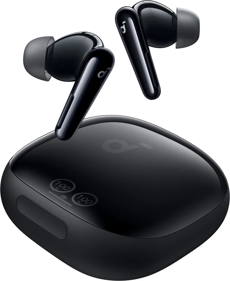Liberty 4 Pro by Anker - Draadloze oordopjes met ruisonderdrukking - 7 sensoren - Realtime adaptieve ruisonderdrukking - 2x sneller opladen - Hifi-muziek op studioniveau - 6 microfoons en AI van Soundcore in Zwart – productfoto