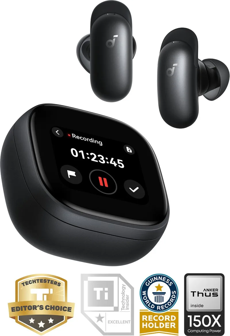 Liberty 5 Pro Max by Anker - Anker Thus Al Chip - AI Note-Taker - Kristalheldere Gesprekken - Noise Cancelling Oordopjes - 1.78" AMOLED Display - ANC Met 6 - 5 U/28 U Speeltijd - Al Vergadertranscriptie van Soundcore in Zwart – productfoto