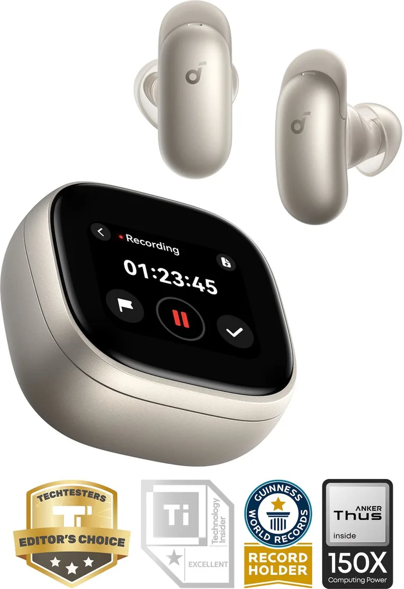 Liberty 5 Pro Max by Anker - Anker Thus Al Chip - AI Note-Taker - Kristalheldere Gesprekken - Noise Cancelling Oordopjes - 1.78" AMOLED Display - ANC Met 6-5 U/28 U Speeltijd - AI Vergadertranscriptie - Goud van Soundcore in Goud – productfoto