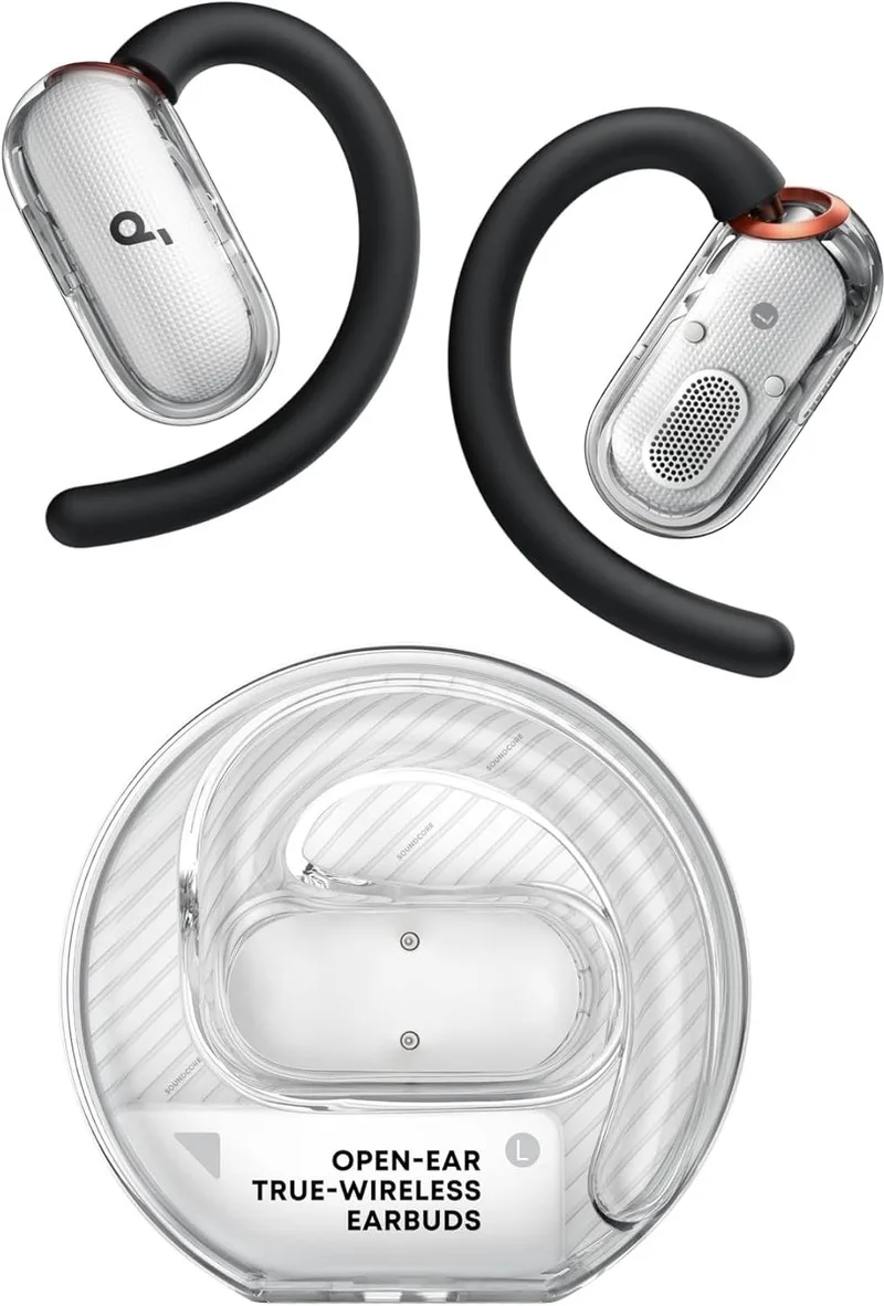 V40i by Anker - Open-ear hoofdtelefoon - Kristalhelder ontwerp - 4 verstelbare standen voor een goede pasvorm in elk oor - 2x diepere bas - IP55 - 21 uur afspeeltijd - Duidelijke AI-gesprekken - Bluetooth 5.4 - App-bediening van Soundcore in Wit – productfoto