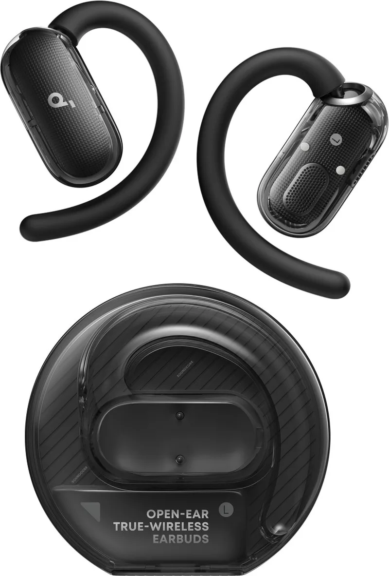 V40i by Anker - Open-ear hoofdtelefoon - Kristalhelder ontwerp - 4 verstelbare standen voor een goede pasvorm in elk oor - 2x diepere bas - IP55 - 21 uur afspeeltijd - Duidelijke AI-gesprekken - Bluetooth 5.4 - App-bediening van Soundcore in Zwart – productfoto