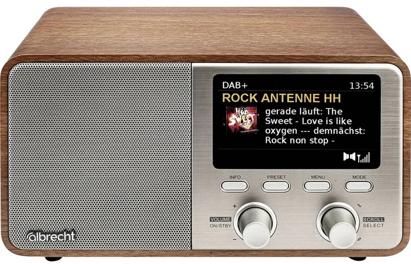 Albrecht DR 760 Radio DAB+, VHF (FM) DAB+, AUX, Bluetooth Behuizing van echt hout, Incl. luidspreker Hout, Bruin, Zilve van Albrecht Audio in Hout, Bruin, Zilver – productfoto
