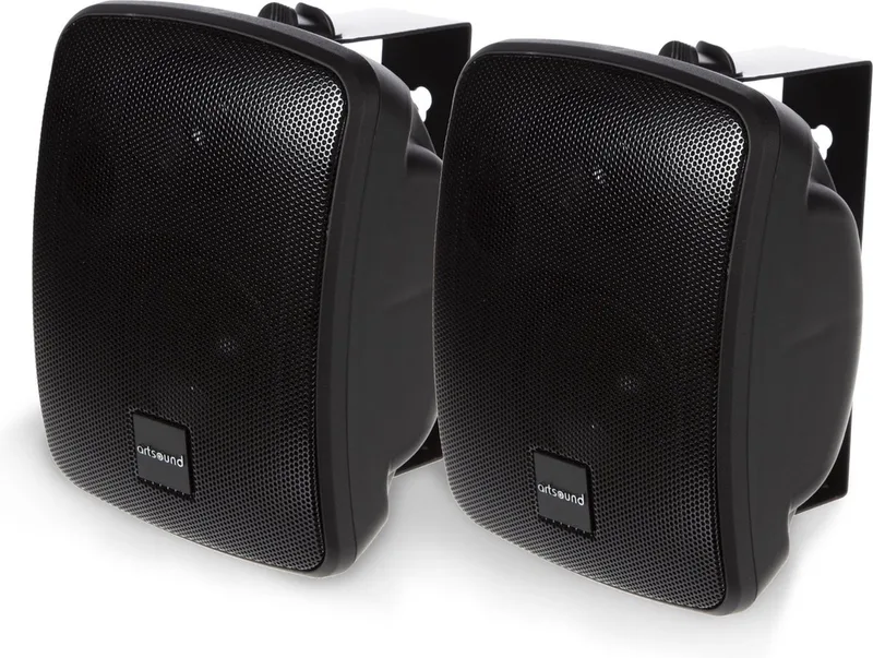 ASW55.2, Set van 2 waterdichte luidsprekers, 2-weg hifi luidspreker, 20-120 watt, met muurbeugel voor wandmontage, geschikt voor binnen en buiten, terras, tuin, sauna, zwembad, badkamer, kleur van Artsound in Zwart – productfoto