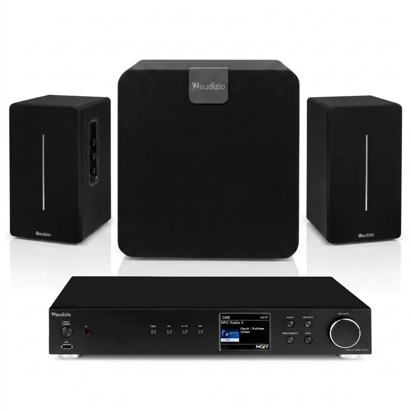 HiFi set - Stereo installatie met tuner, speakers en subwoofer - Wifi radio, DAB en Bluetooth von Audizio in Schwarz – Produktfoto