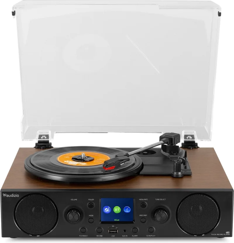 Platenspeler met DAB radio Tulsa van Audizio in Donkerbruin – productfoto