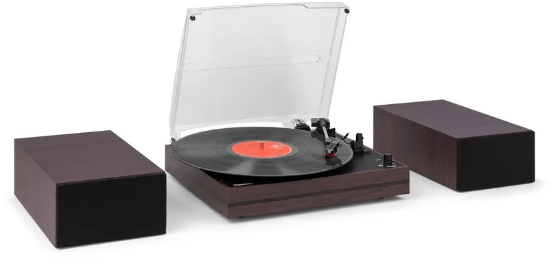 Platenspeler met speakers Akron van Audizio in Donkerbruin – productfoto
