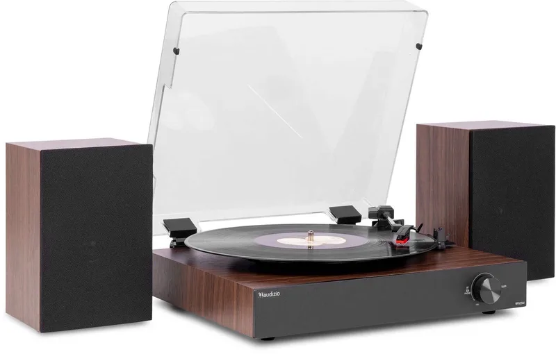 Platenspeler met speakers RP325 van Audizio in Donkerbruin – productfoto