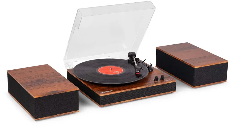 Platenspeler met speakers Tupelo van Audizio in Houtlook – productfoto