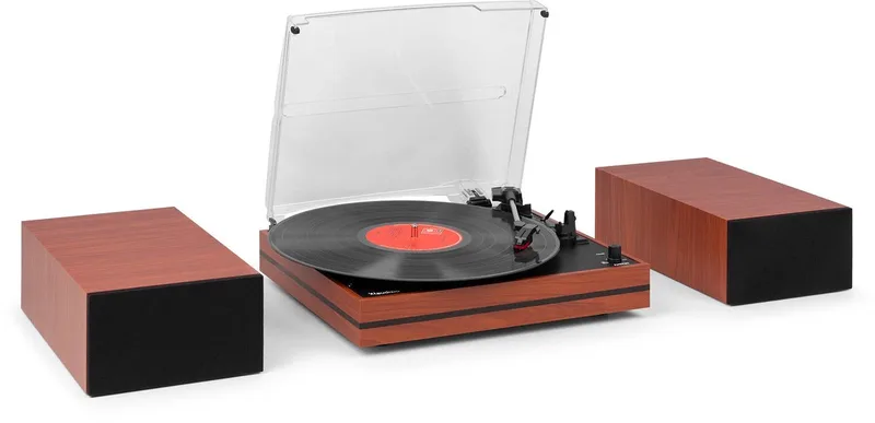 Platenspeler met speakers Akron van Audizio in Kersen houtlook – productfoto