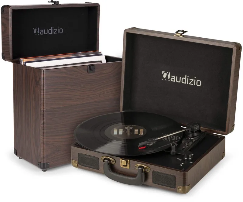 Retro platenspeler met platenkoffer RP114W van Audizio in Bruin – productfoto