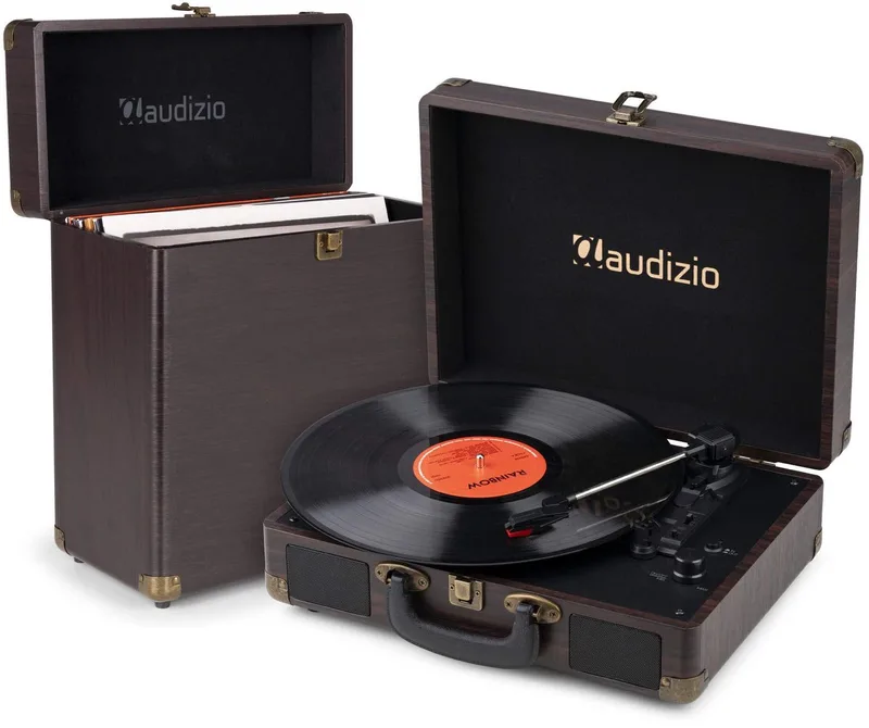 Retro platenspeler met platenkoffer RP116DW van Audizio in Donkerbruin – productfoto