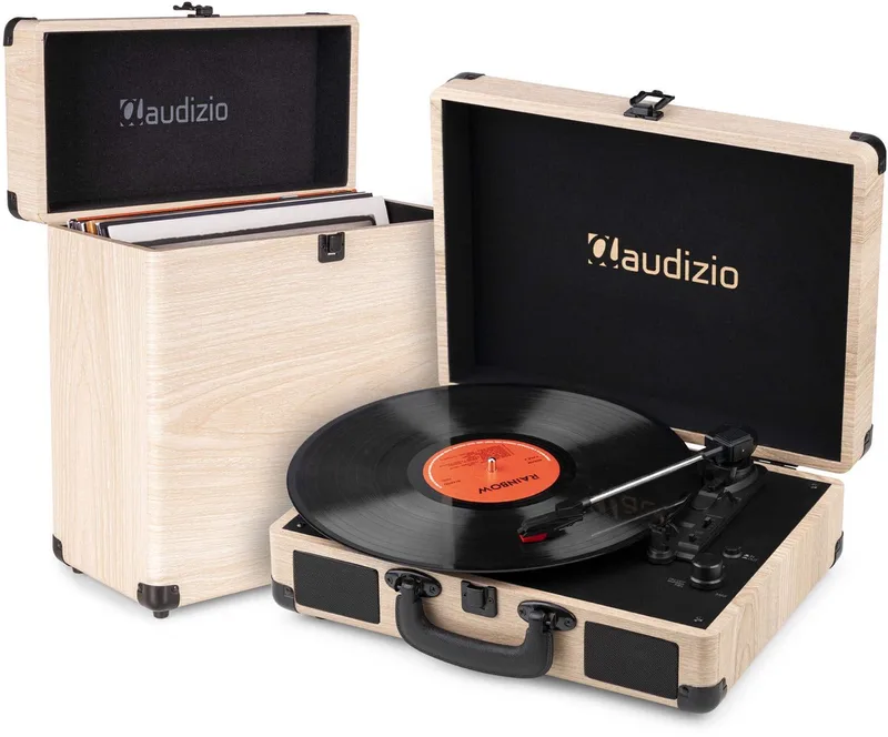 Retro platenspeler met platenkoffer RP116LW van Audizio in Lichtbruin – productfoto
