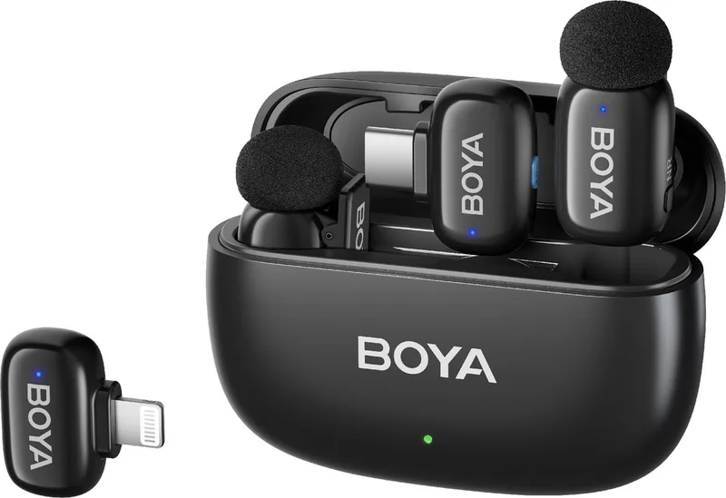 Mini-12 2.4 GHz Ultra Mini Wireless Microphone Black (2TX+2RX) van Boya in Zwart – productfoto