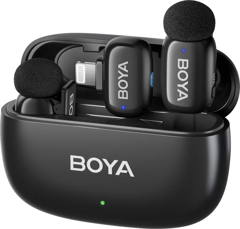 Mini-15 2.4 GHz Ultra Mini Wireless Microphone Black (2TX+1RX-Lightning) van Boya in Zwart – productfoto
