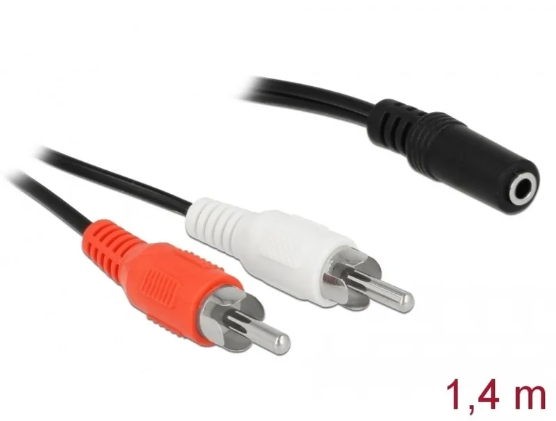 Audio Cable 2 x RCA male to 1 x 3.5 mm 3 pin Stereo Jack 1.4 m van Delock in Zwart, Rood, Wit – productfoto