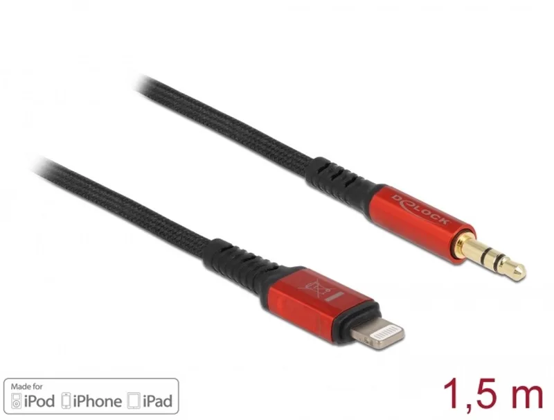 Audio Cable 8 pin Lightning™ male to Stereo jack male 3.5 mm 3 pin 1.5 m van Delock in Zwart – productfoto