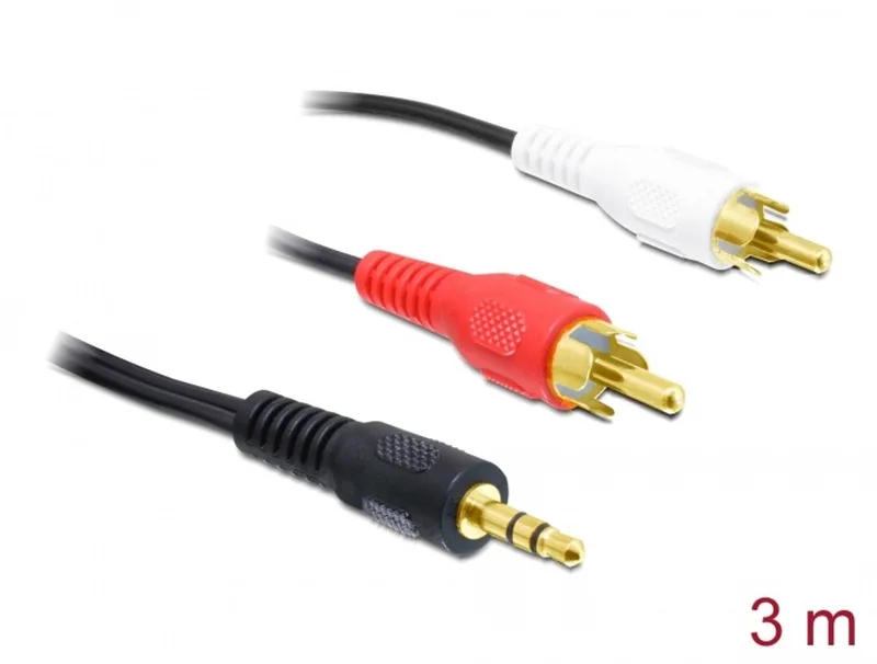 Cable Audio 3.5 mm stereo jack male > 2 x RCA male 3 m by Delock in Black, Red, White – product photo