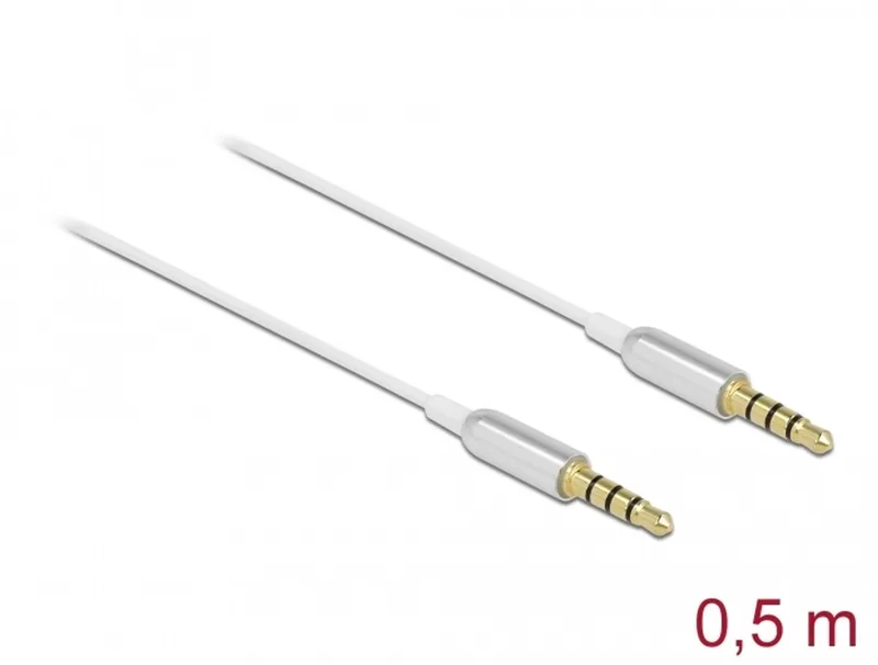 Stereo Jack Cable 3.5 mm 4 pin male to male Ultra Slim 0.5 m white van Delock in Zilver, Wit – productfoto 1 van 2