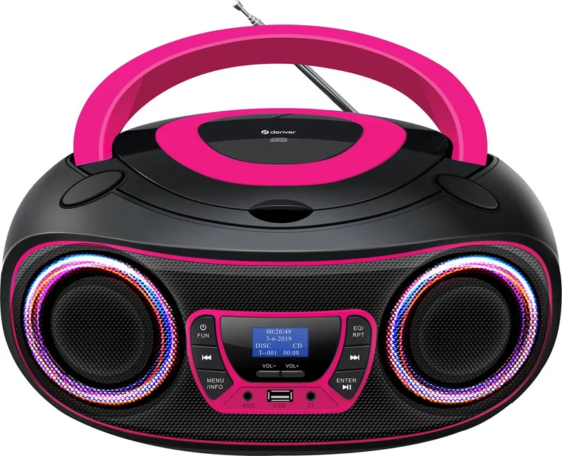 Draagbare DAB Radio CD Speler Kinderen - Bluetooth - Lichteffecten - Boombox - AUX - FM - TDB212PINK van Denver in Roze – productfoto