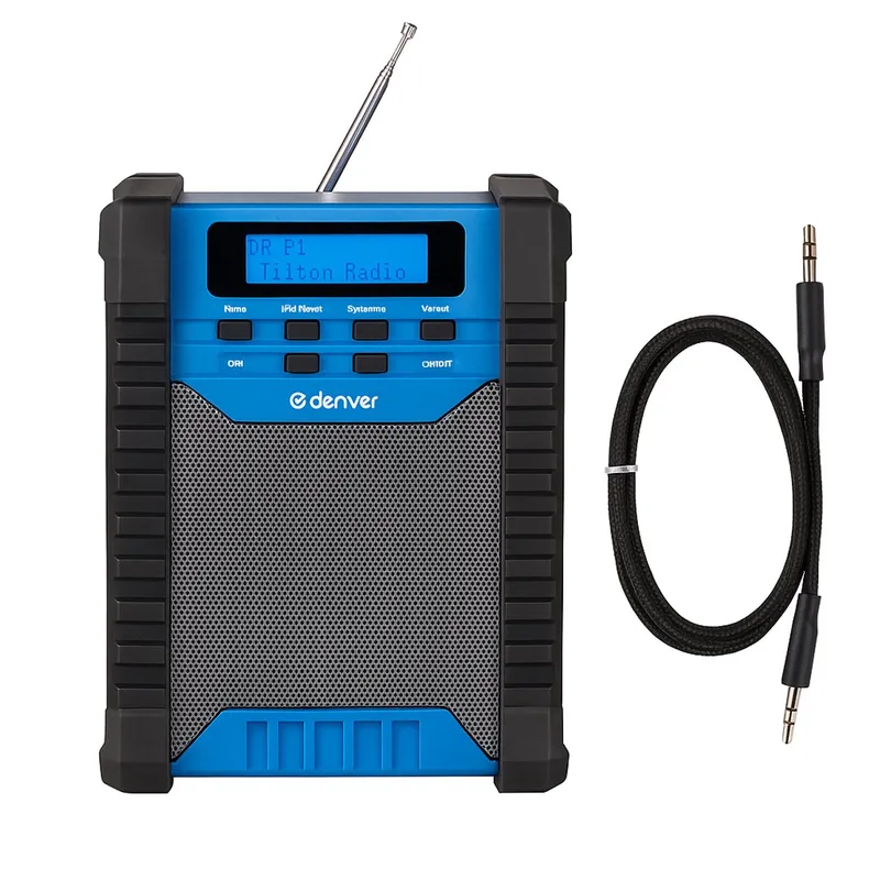 Noodradio Dab+ FM - Bouwradio met Bluetooth - Waterdicht - Accu - AUX (meegeleverd) - USB-C - Waterdicht - Bouw Radio – Nood radio van Denver in Zwart – productfoto