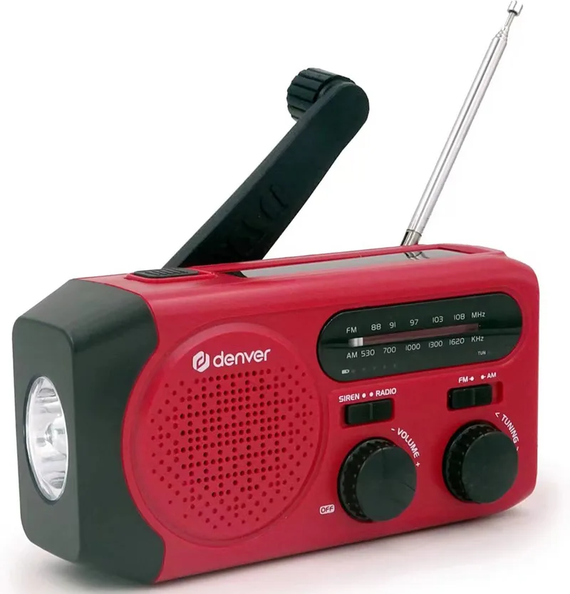 Noodradio - Powerbank Zonneenergie - FM Radio - Noodpakket - Zaklamp - Opwindbaar - SOS Knop - Solar powerbank - SCR2010 van Denver in Rood – productfoto