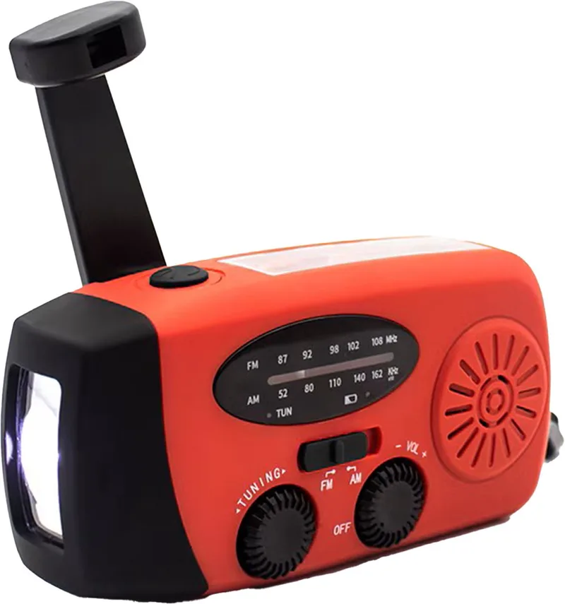 Noodradio - Powerbank Zonneenergie - FM Radio - Noodpakket - Zaklamp - Opwindbaar - SOS Knop - Solar powerbank - SCR2005 van Denver in Rood – productfoto