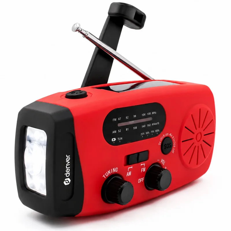 Noodradio - Powerbank Zonneenergie - FM Radio - Noodpakket - Zaklamp - Opwindbaar - SOS Knop - Solar powerbank - SCR2007 van Denver in Rood – productfoto