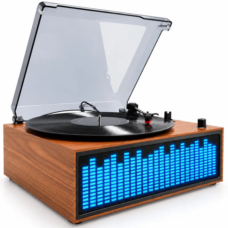 Platenspeler - Ingebouwde speakers - Lichteffecten - Auto stop - Bluetooth - RCA output - Keramische naald - VBS271 van Denver in Bruin houtlook – productfoto