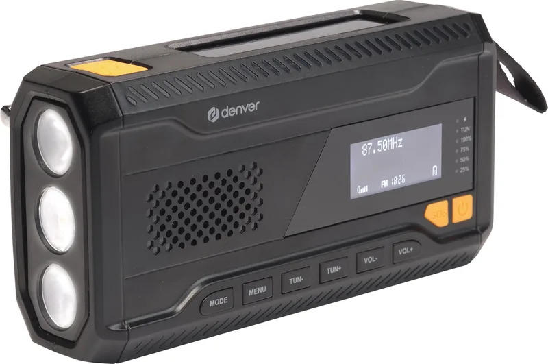 Portable DAB radio - Powerbank Zonneenergie - DAB & FM Radio - Draagbare Noodradio - Zaklamp - Opwindbaar - SOS Licht - Solar powerbank - SCD2033 van Denver in Zwart – productfoto