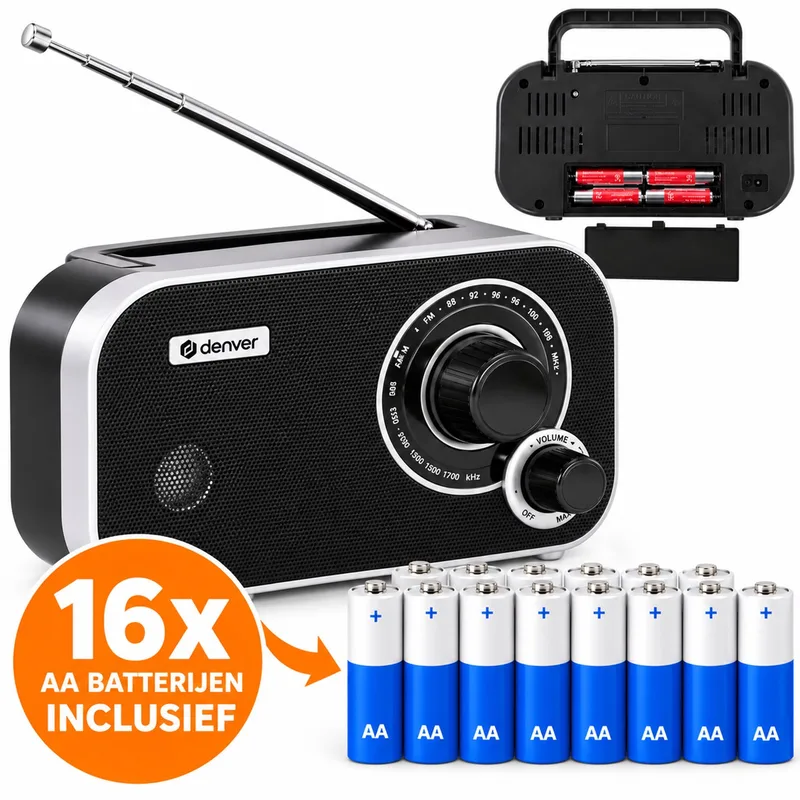 Radio Op Batterijen Voor Rampen - Noodradio - Survival Radio - Noodpakket + 16 AA Batterijen - FM/AM Radio's - Voor Camping - Draagbare Radio van Denver in Zwart – productfoto