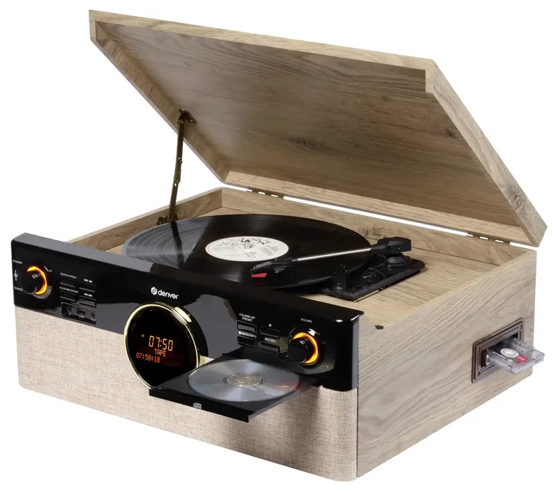 Retro Platenspeler - DAB+/FM Radio - CD - Cassette - Bluetooth - Auto stop - MRD180 van Denver in Lightwood – productfoto 2 van 2