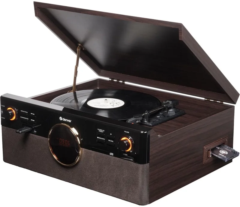 Retro Platenspeler - DAB+/FM Radio - CD - Cassette - Bluetooth - Auto stop - MRD180 van Denver in Darkwood – productfoto