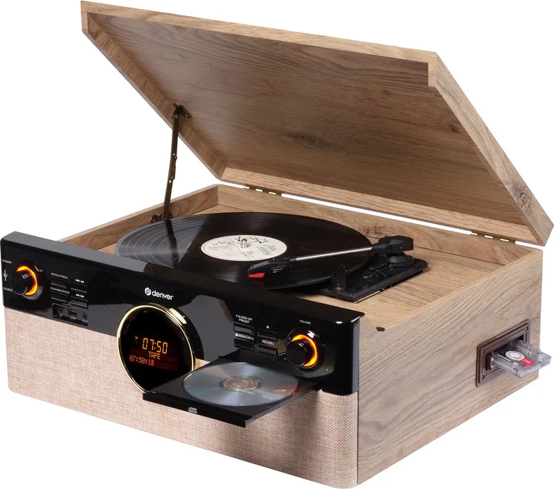 Retro Platenspeler - DAB+/FM Radio - CD - Cassette - Bluetooth - Auto stop - MRD180 van Denver in Lightwood – productfoto 1 van 2
