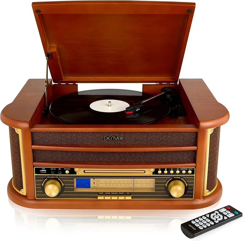 Retro Platenspeler - Ingebouwde Speakers en Versterker - Radio CD Speler - MCR50 van Denver in Hout – productfoto