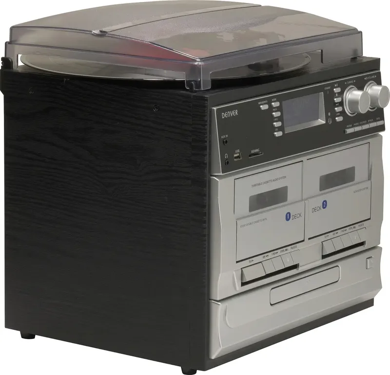 Retro Platenspeler met Speakers - DAB Radio CD Speler - Dubbele Cassette - FM Radio - Hout - MRD166 van Denver in Zwart – productfoto 2 van 2
