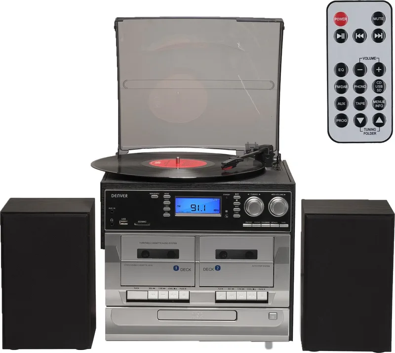 Retro Platenspeler met Speakers - DAB Radio CD Speler - Dubbele Cassette - FM Radio - Hout - MRD166 van Denver in Zwart – productfoto 1 van 2