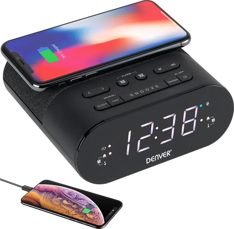 Wekkerradio met Draadloze Oplader - Digitale Wekker - FM Radio - Dubbel Alarm - Dimmer - CRQ107 van Denver in Zwart – productfoto