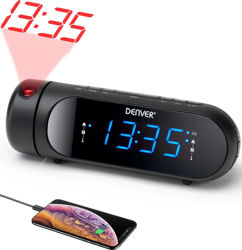 Wekkerradio met Projectie - Opladen via USB - Digitale Wekker - FM Radio - Dubbel Alarm - CPR700 - Zwart van Denver in Zwart – Blauw display – productfoto 1 van 2