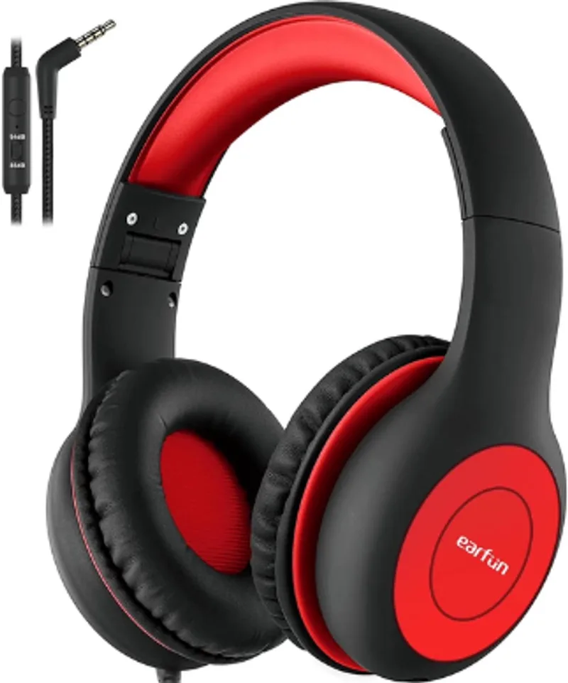 K1 Kids - Bedrade Kinderkoptelefoon - 85 dB Volumebegrenzing - Microfoon - Opvouwbaar - Zwart-Rood van EarFun in Black red – productfoto