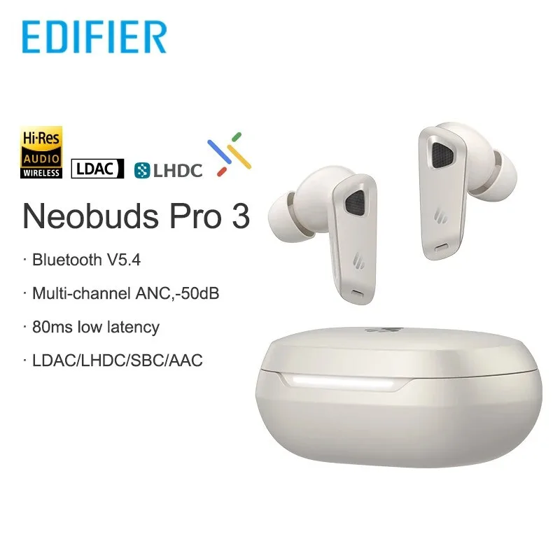 NeoBuds Pro 3 Bluetooth Noise-Cancelling-Ohrhörer – Hi-Res – 50 dB ANC – 36 Stunden Wiedergabe – 8-Mikrofon-KI-Anruf – Pinch-Steuerung – 3D-Audio – LDAC/LHDC – Multi-Point – IP54, Starlight de Edifier – photo produit