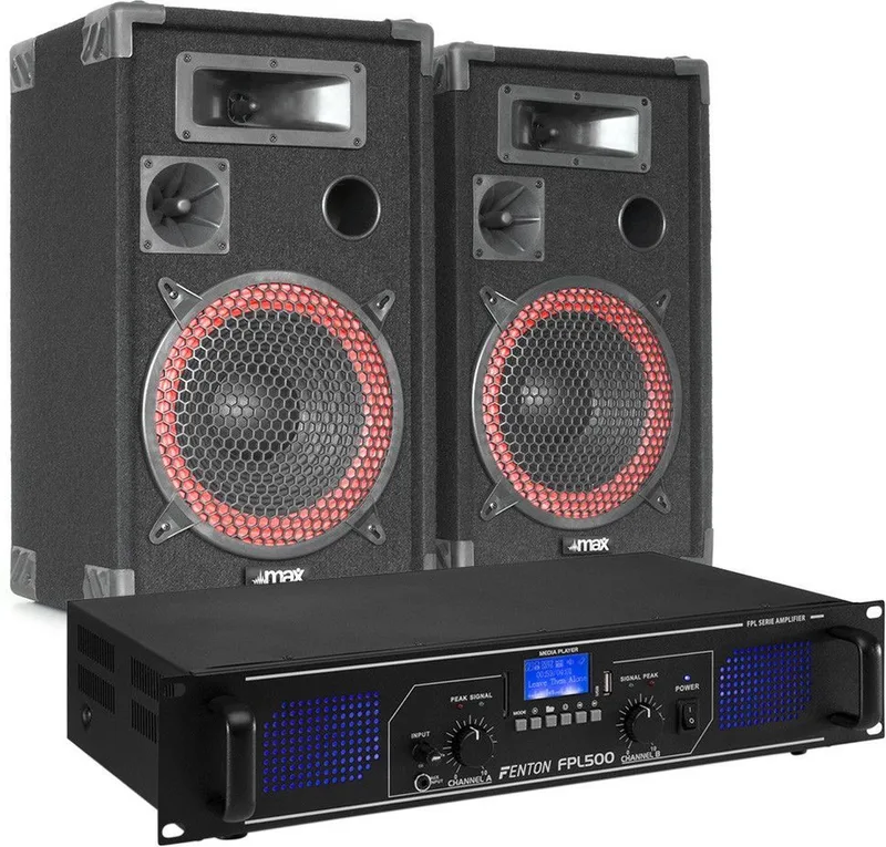 FPL500 klasse-D versterker met Bluetooth + XEN-3508 speakerset 8 inch van Fenton in Zwart – productfoto