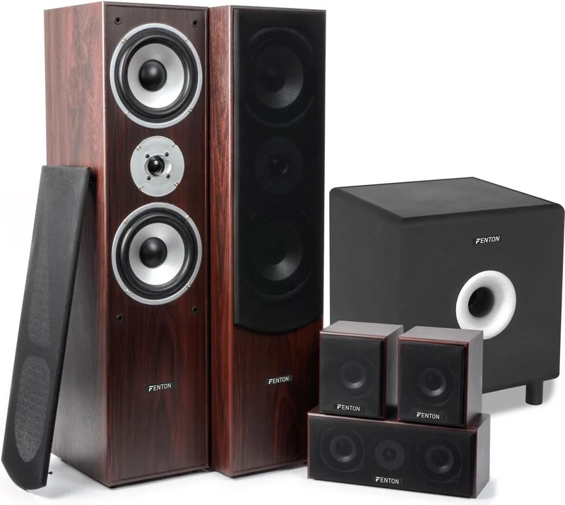 Fenton 5.1 home cinema surround speakerset 1300W met 8 subwoofer van Fenton in Walnoot – productfoto