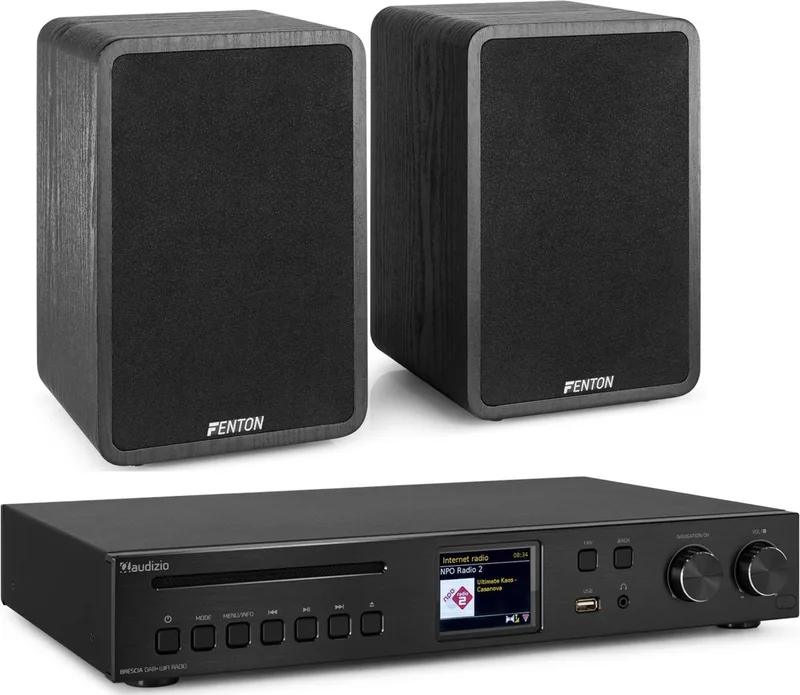HiFi stereo set met 2 speakers en tuner - Met Bluetooth, DAB+, FM en internetradio - 200W van Fenton in Zwart – productfoto