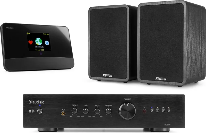 set met tuner, versterker en 2 speakers van Fenton in Zwart – productfoto