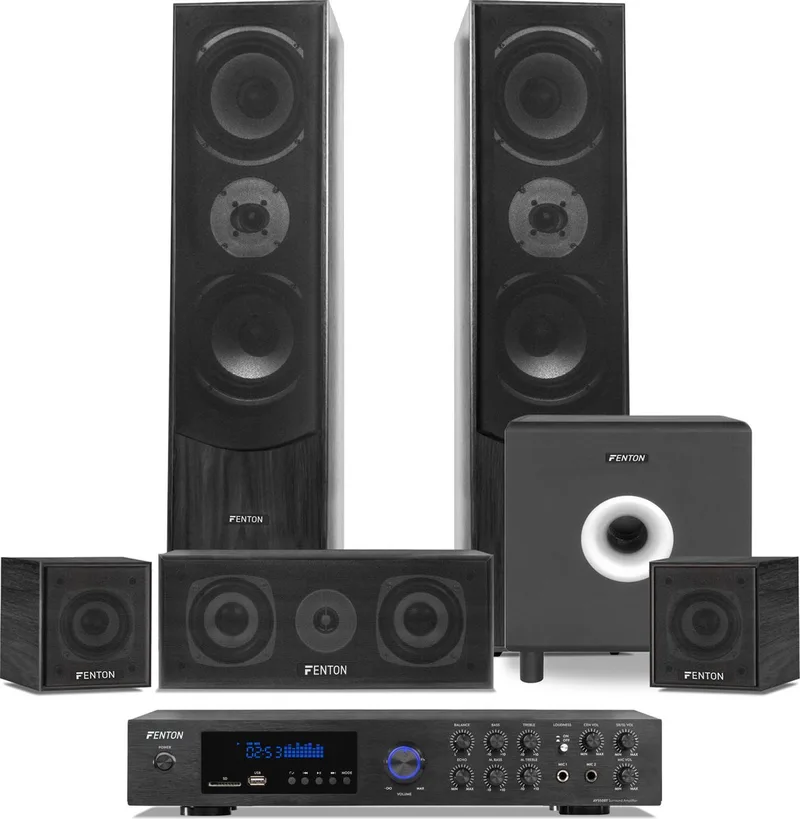 Home Cinema set van Fenton met Bluetooth, 5 speakers een 10 actieve subwoofer en van Fenton in Zwart – productfoto