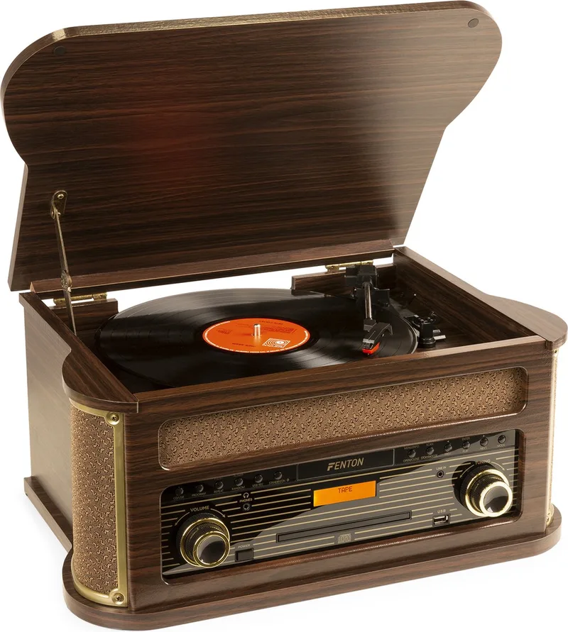 Retro platenspeler Bluetooth Memphis van Fenton in Donkerbruin – productfoto